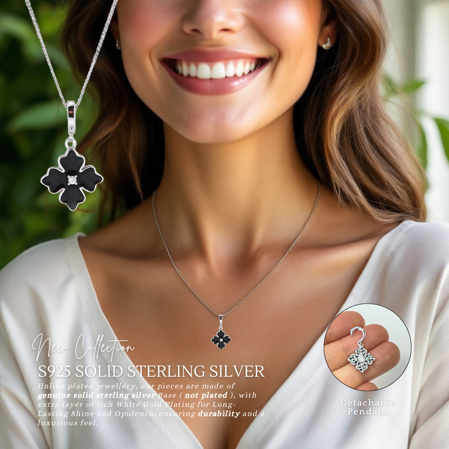 Sterling Silver Apotie Black Cléo Blossom Clover Pendant Necklace S925 Hallmark