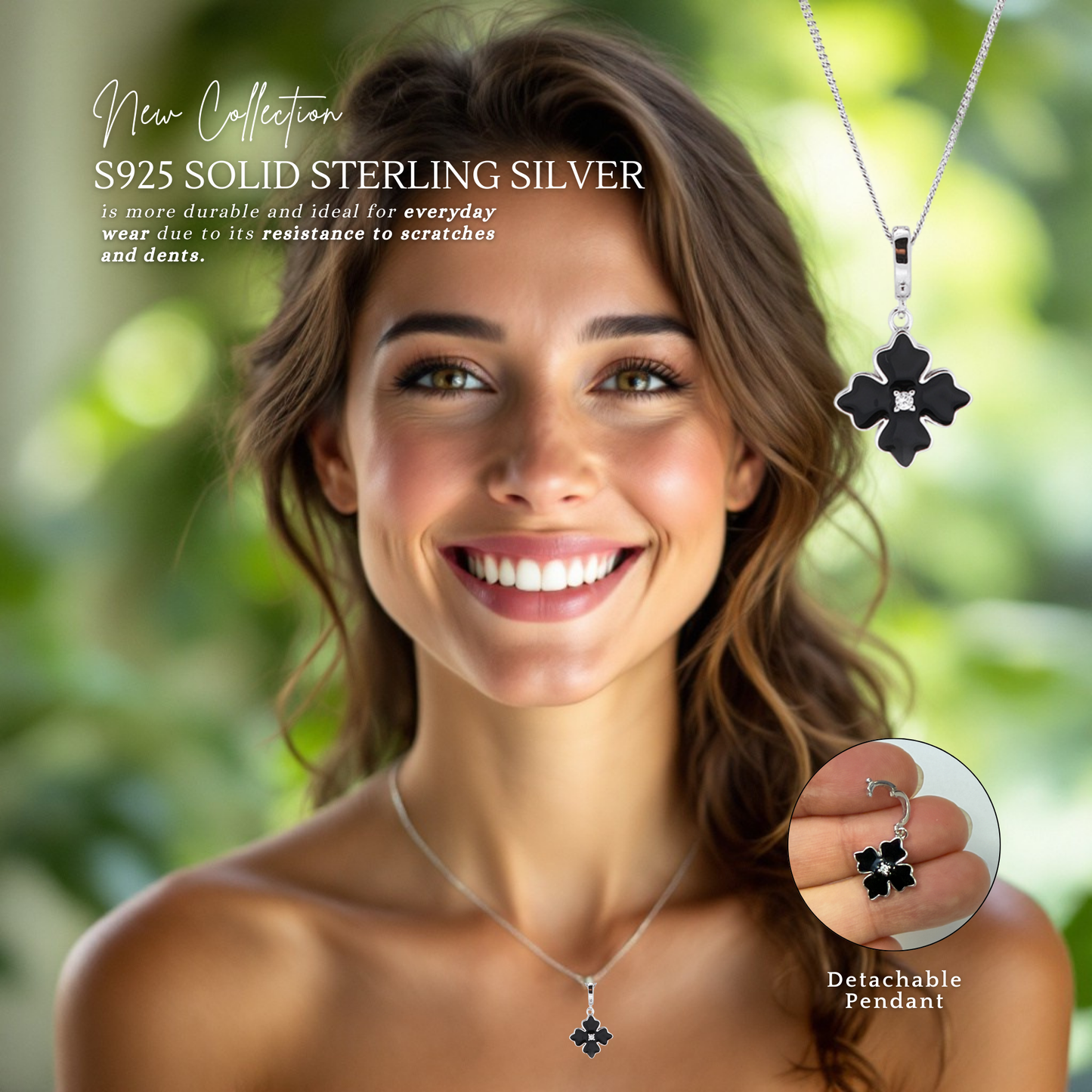 Sterling Silver Apotie Black Cléo Blossom Clover Pendant Necklace S925 Hallmark