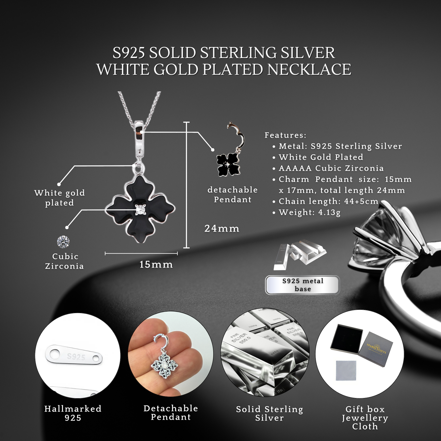 Sterling Silver Apotie Black Cléo Blossom Clover Pendant Necklace S925 Hallmark