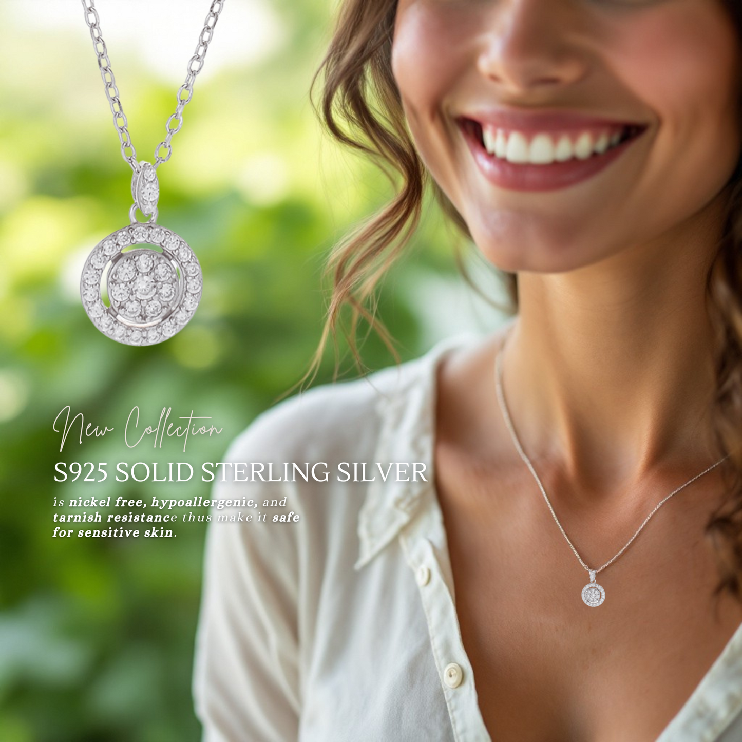 Sterling Silver Halo Sparkle C/Z Pendant Necklace S925 Hallmark