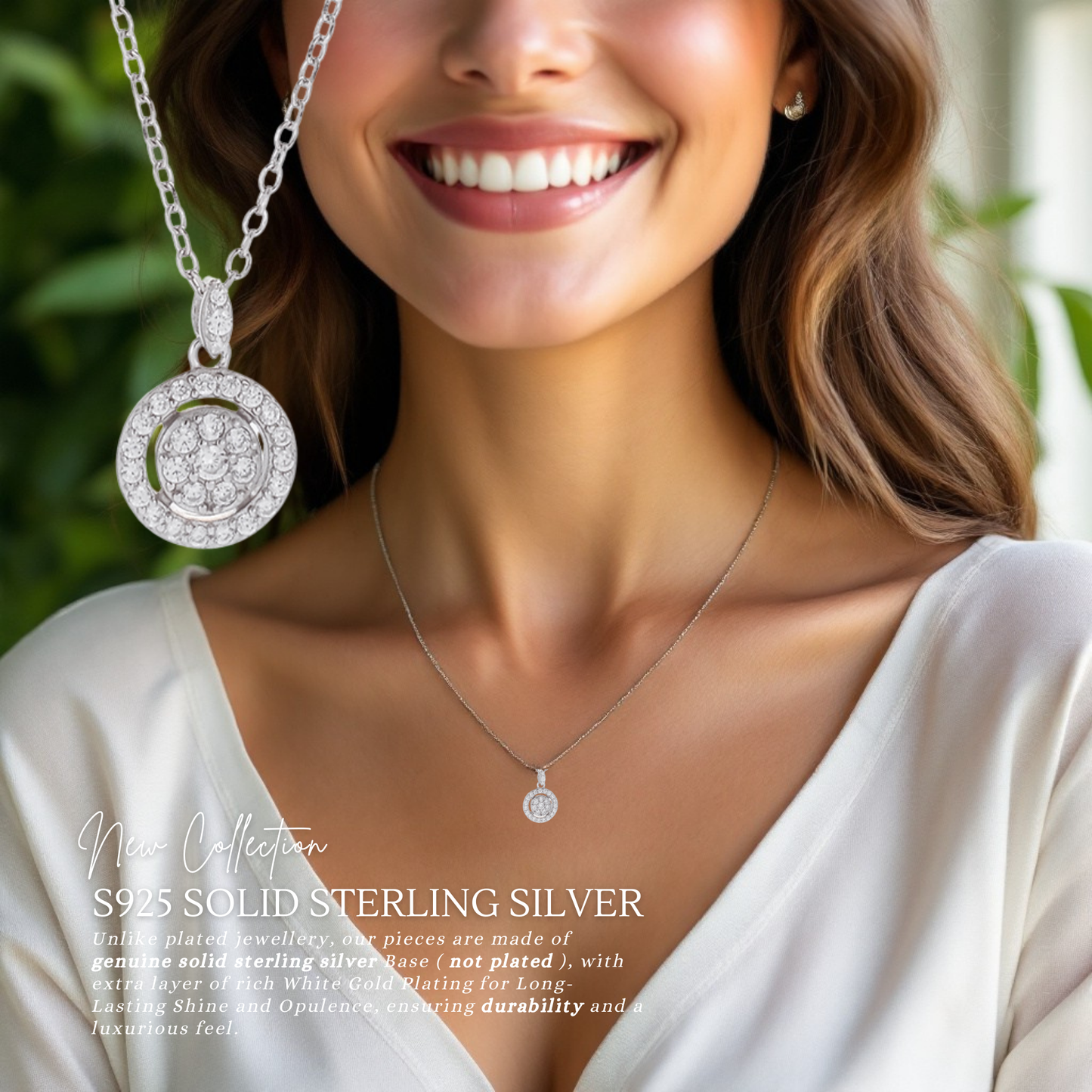 Sterling Silver Halo Sparkle C/Z Pendant Necklace S925 Hallmark