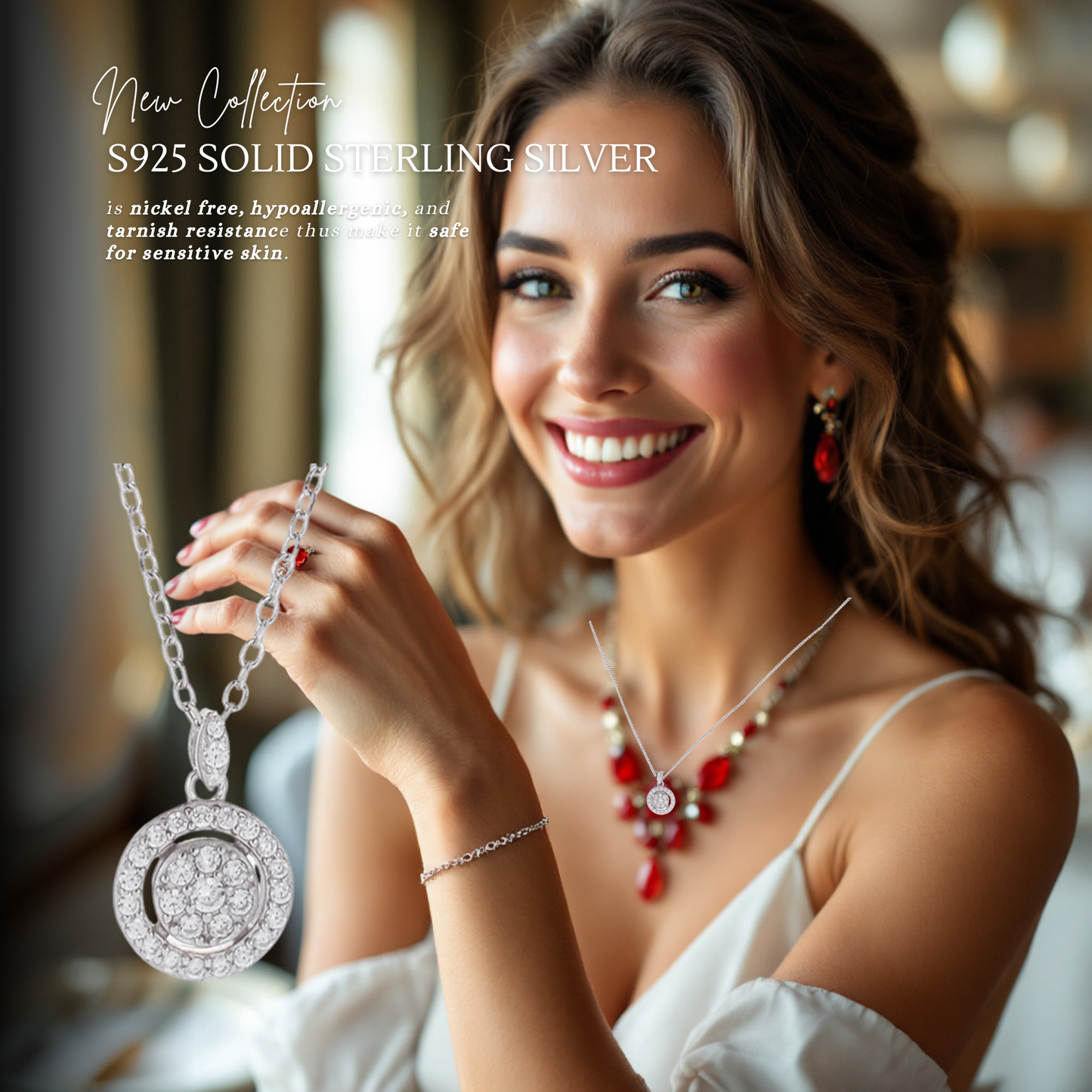 Sterling Silver Halo Sparkle C/Z Pendant Necklace S925 Hallmark