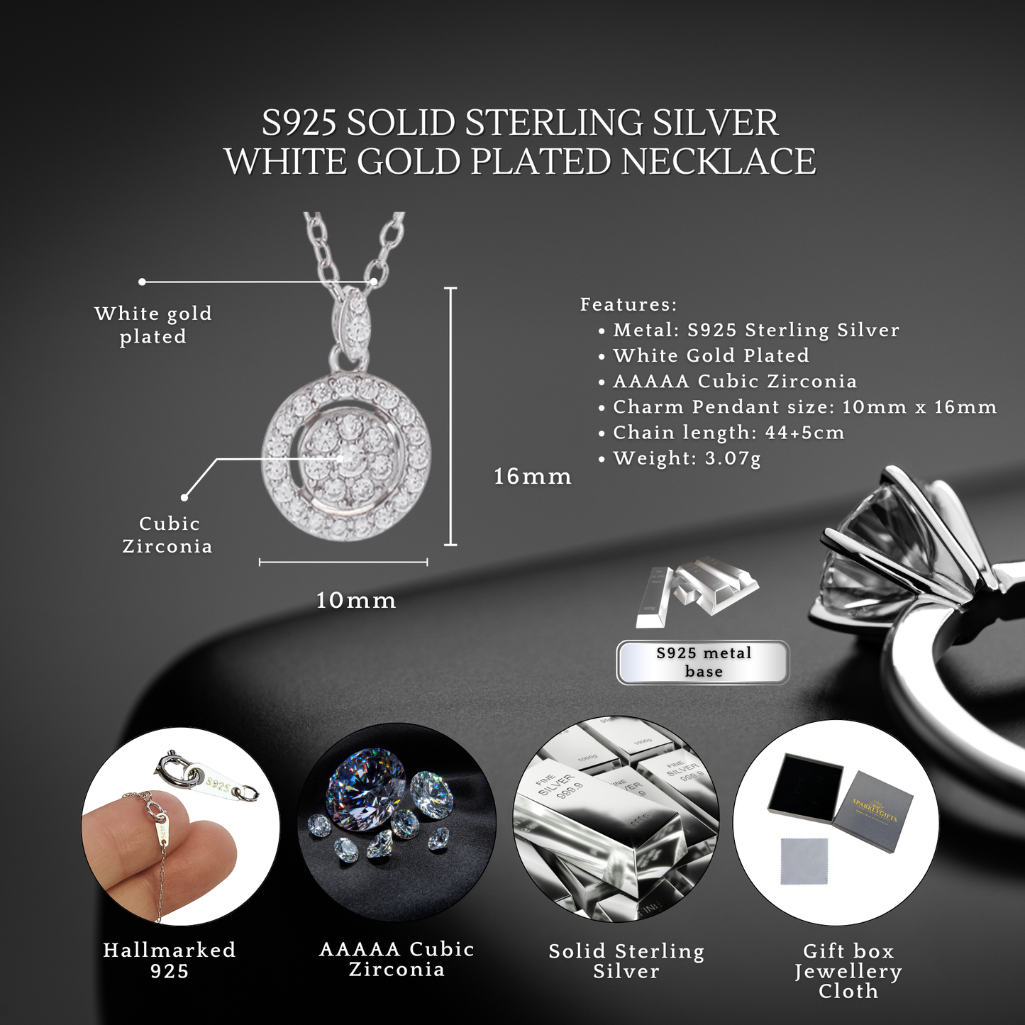 Sterling Silver Halo Sparkle C/Z Pendant Necklace S925 Hallmark