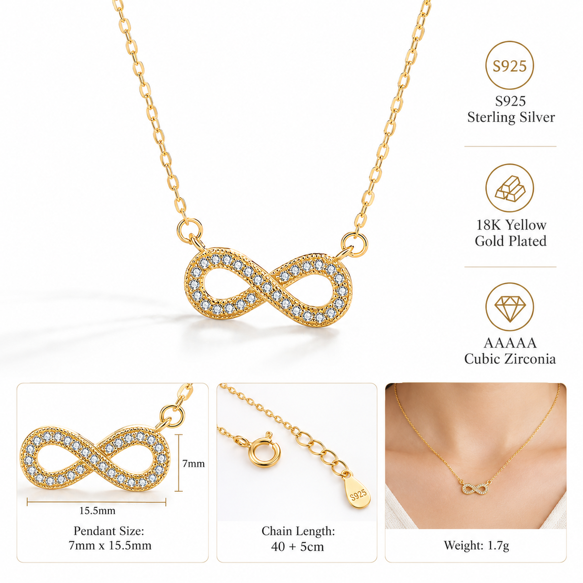 Sterling Silver Infinity C/Z Pendant Necklace 18K Yellow Gold Plated