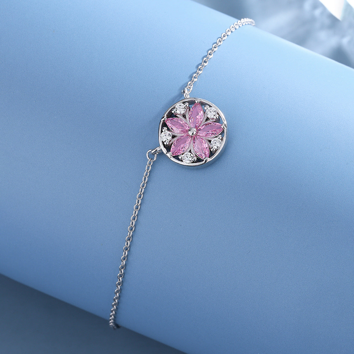 Sterling Silver Daisy Pink C/Z Pendant Necklace with Rounded Edge
