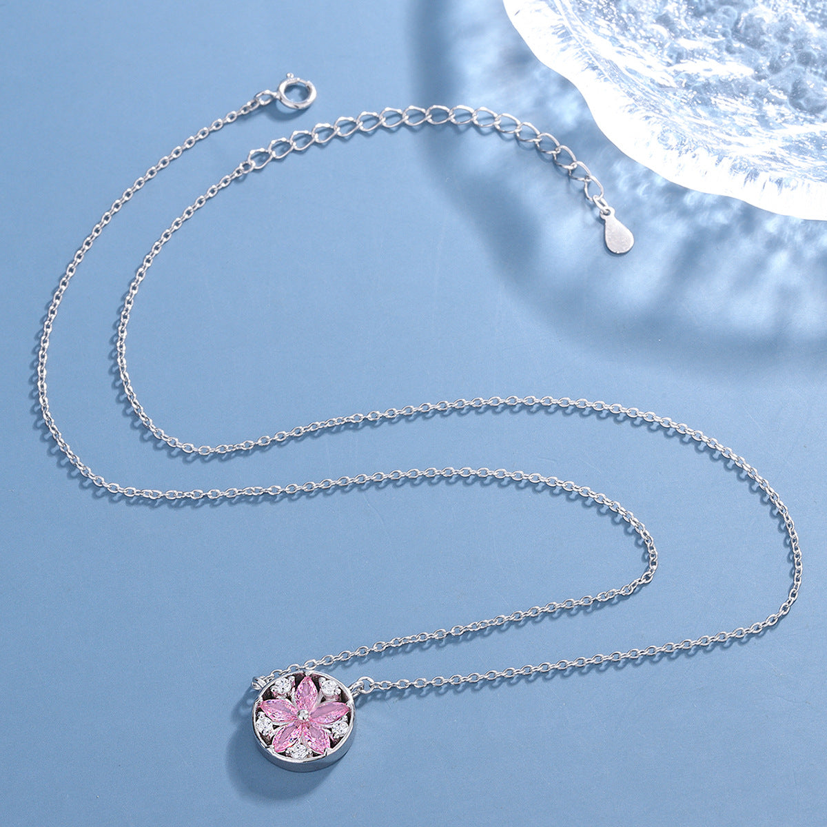 Sterling Silver Daisy Pink C/Z Pendant Necklace with Rounded Edge
