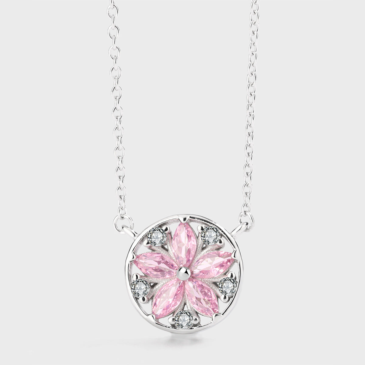 Sterling Silver Daisy Pink C/Z Pendant Necklace with Rounded Edge
