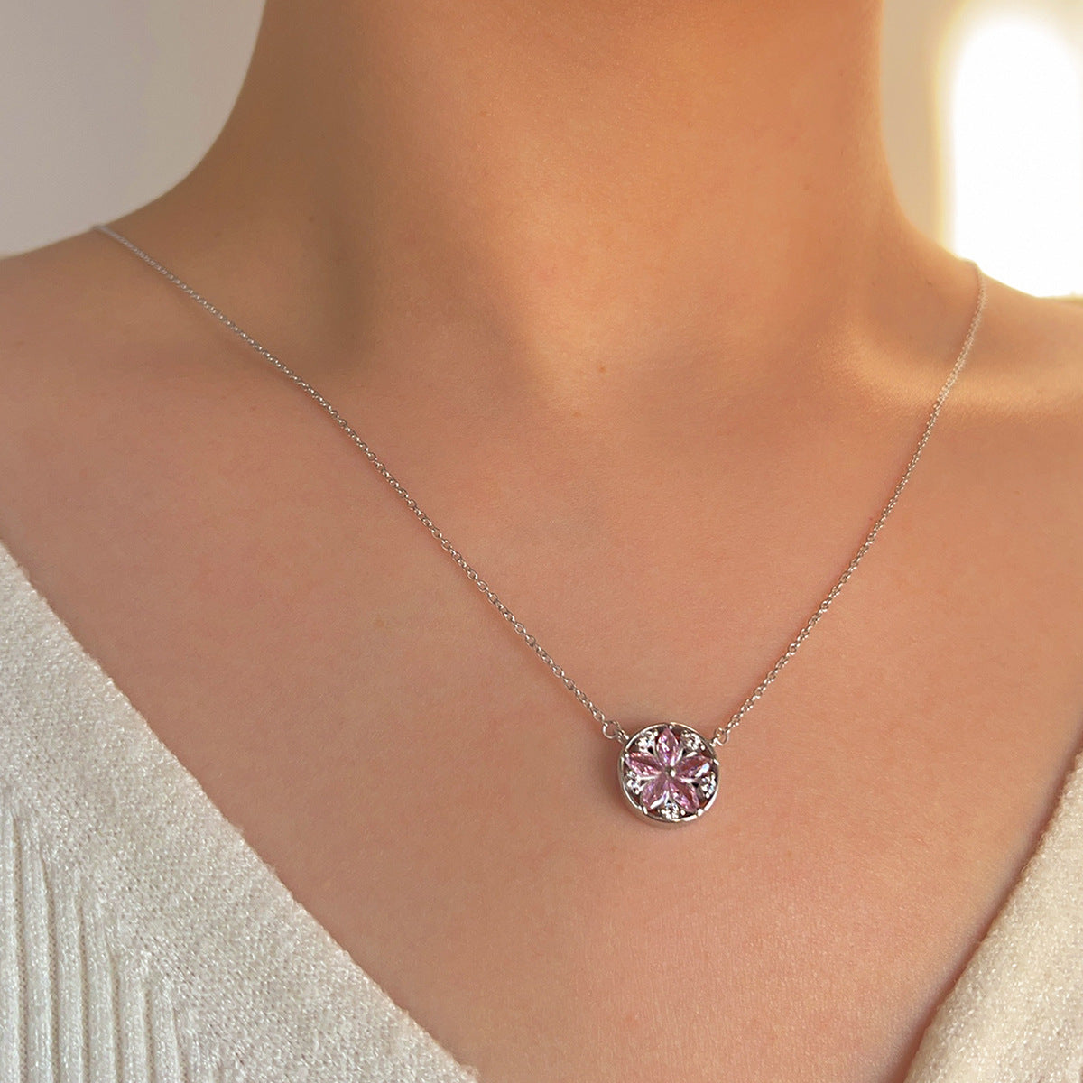 Sterling Silver Daisy Pink C/Z Pendant Necklace with Rounded Edge