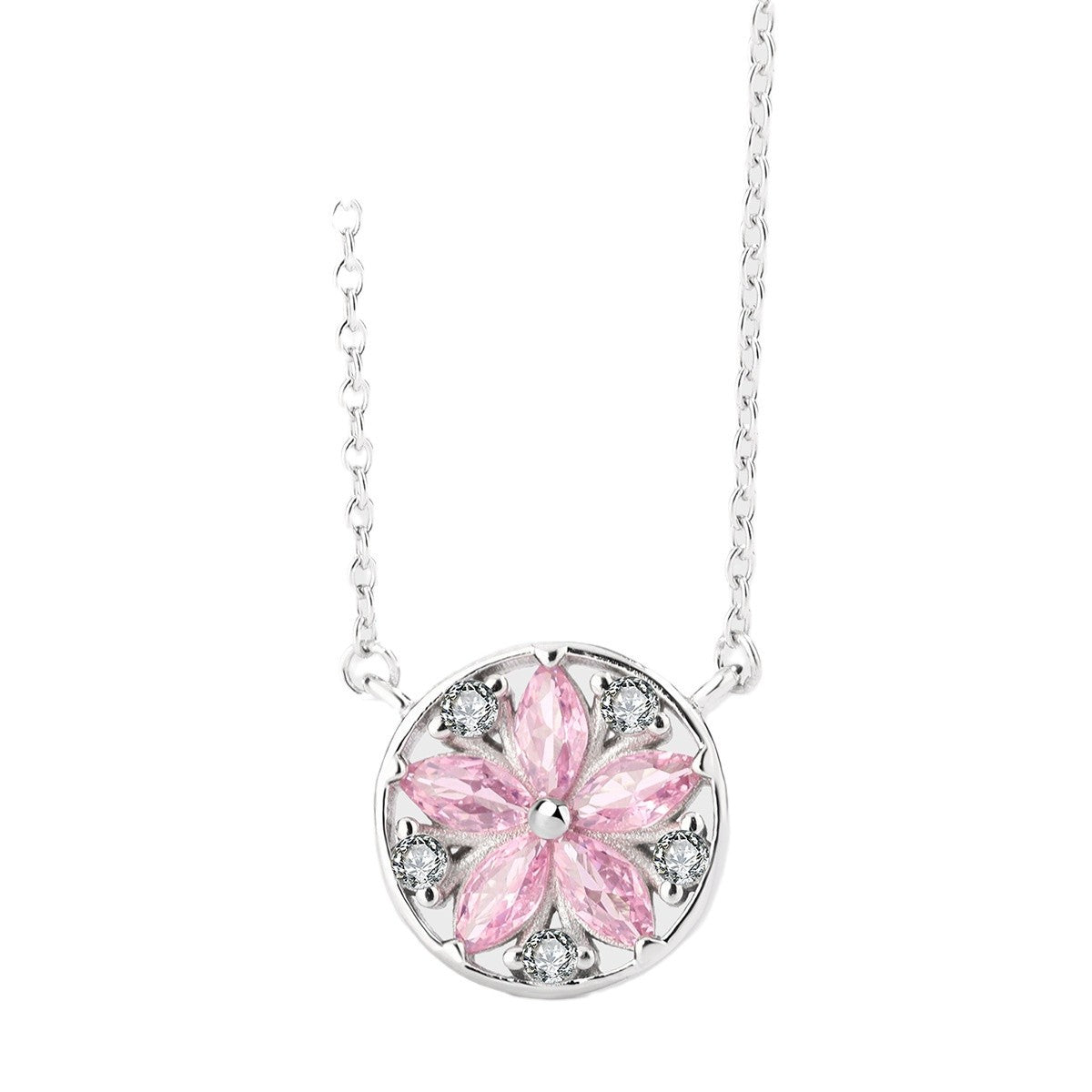 Sterling Silver Daisy Pink C/Z Pendant Necklace with Rounded Edge