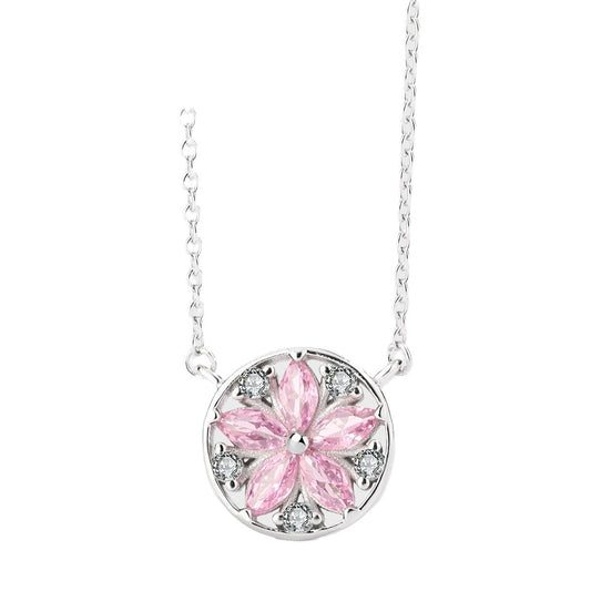 Sterling Silver Daisy Pink C/Z Pendant Necklace with Rounded Edge