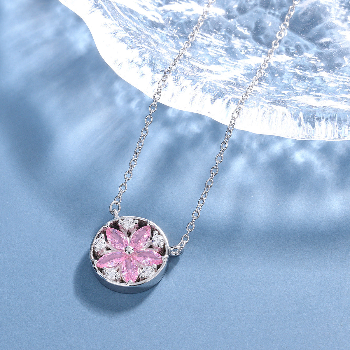 Sterling Silver Daisy Pink C/Z Pendant Necklace with Rounded Edge