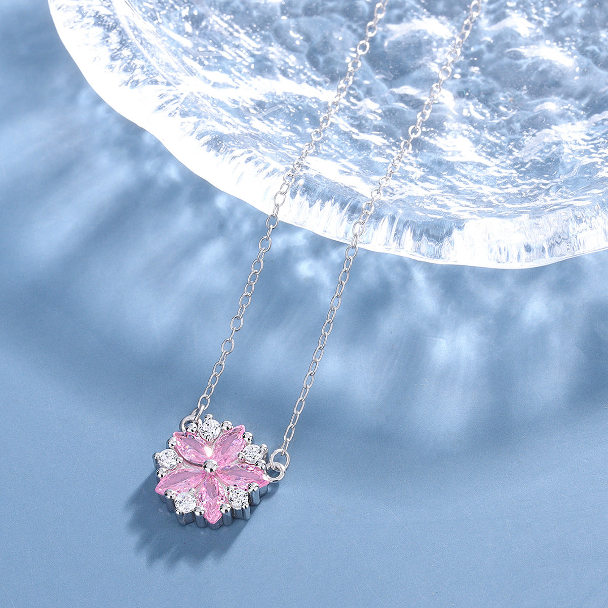 S925 Sterling Silver Daisy Pink C/Z Round Pendant Necklace