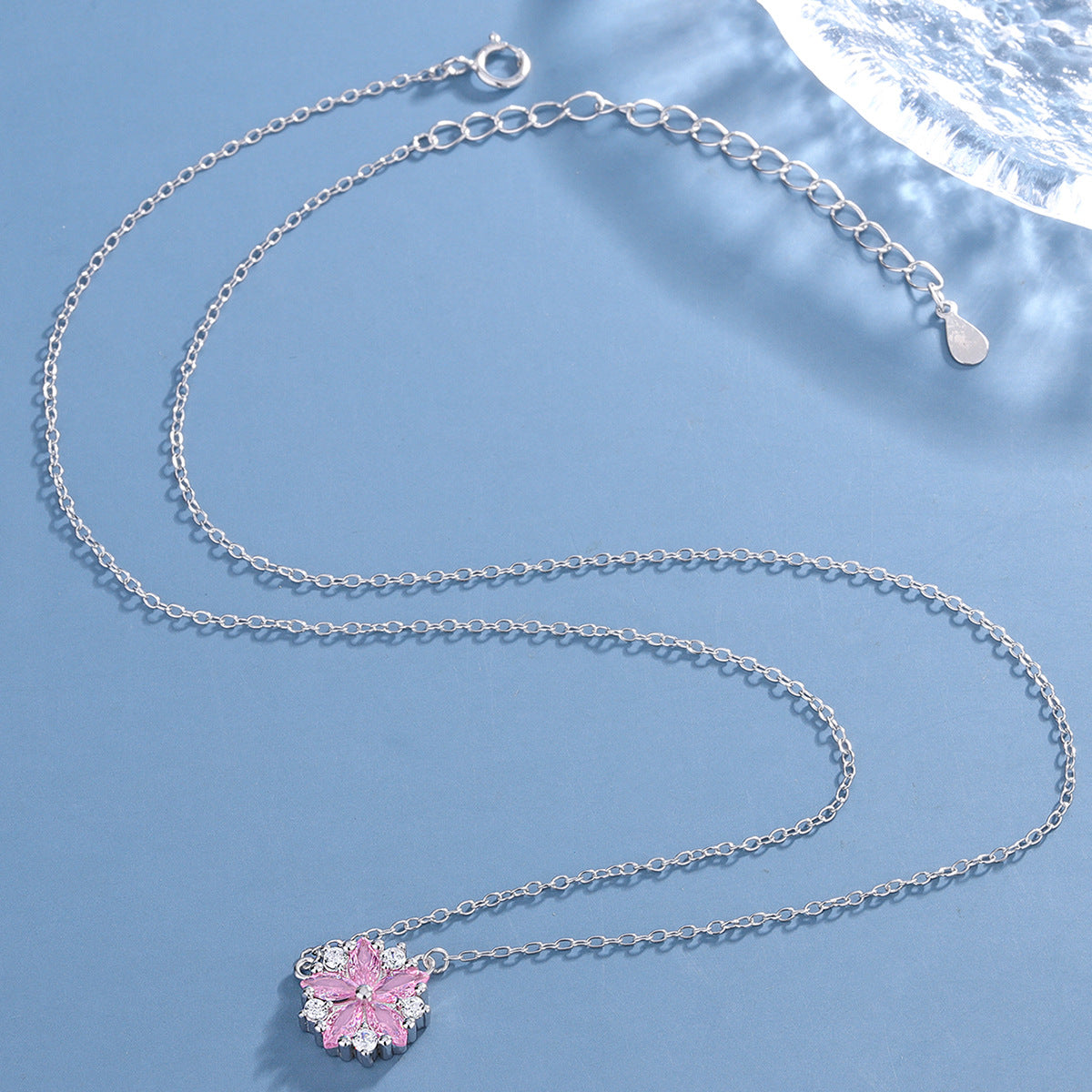 S925 Sterling Silver Daisy Pink C/Z Round Pendant Necklace