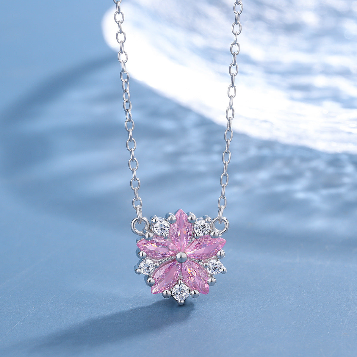 S925 Sterling Silver Daisy Pink C/Z Round Pendant Necklace