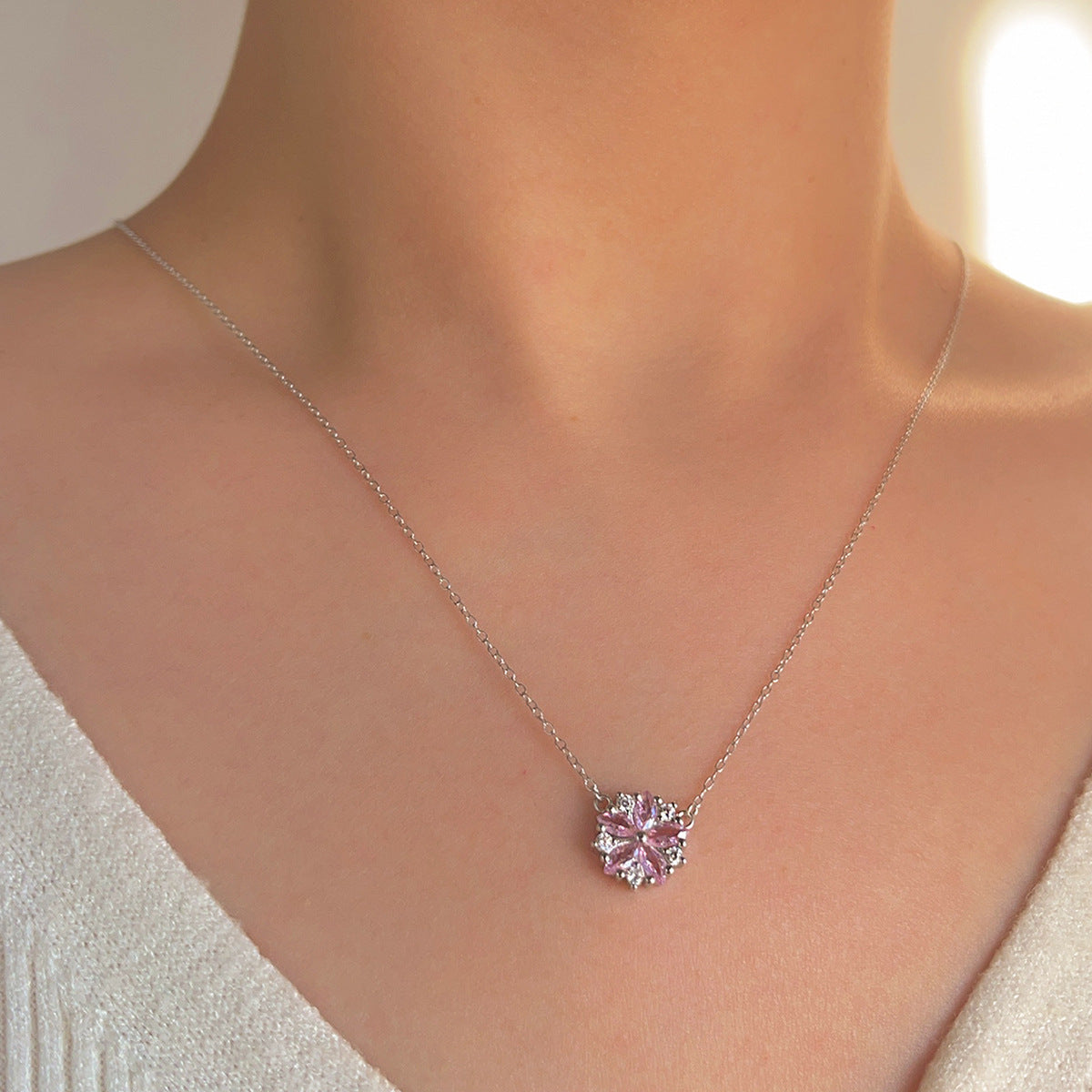S925 Sterling Silver Daisy Pink C/Z Round Pendant Necklace