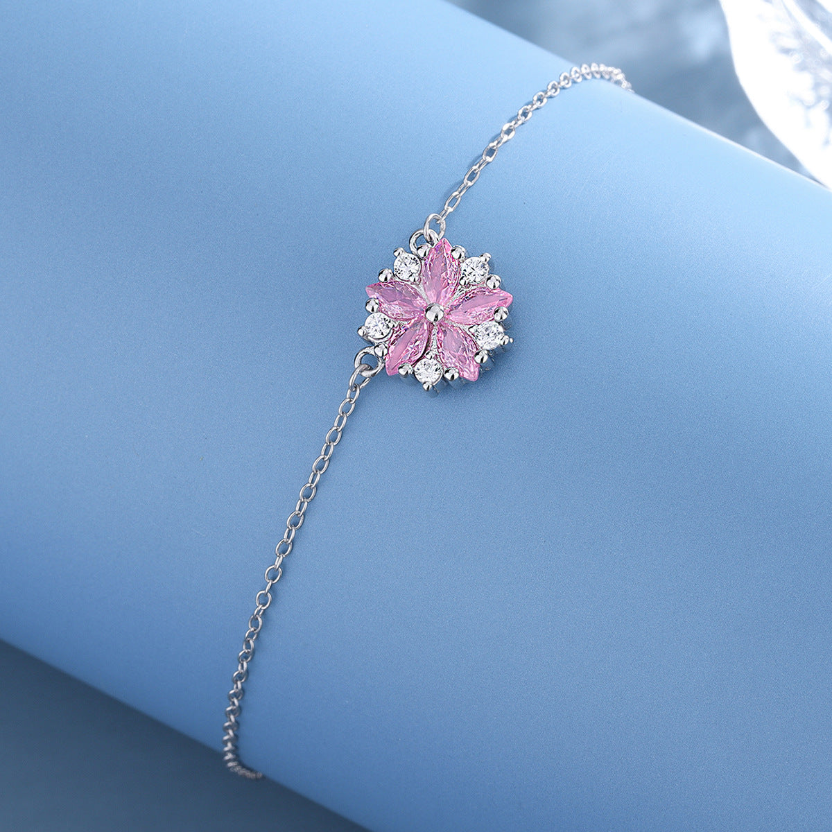 S925 Sterling Silver Daisy Pink C/Z Round Pendant Necklace