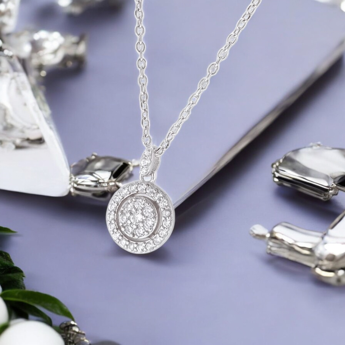 Sterling Silver Halo Sparkle C/Z Pendant Necklace S925 Hallmark