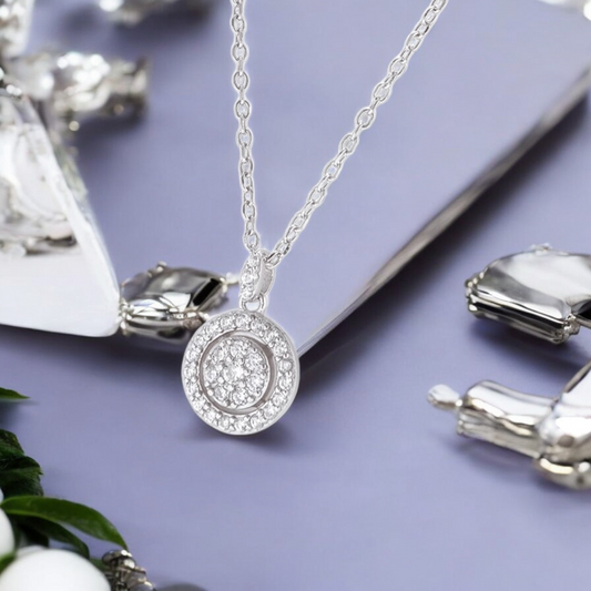 Sterling Silver Halo Sparkle C/Z Pendant Necklace S925 Hallmark