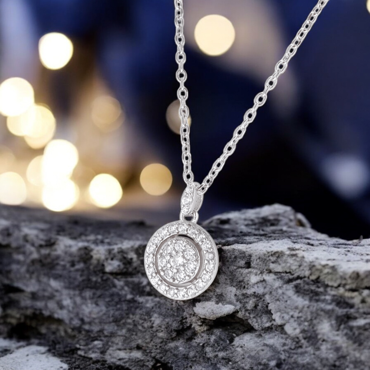 Sterling Silver Halo Sparkle C/Z Pendant Necklace S925 Hallmark
