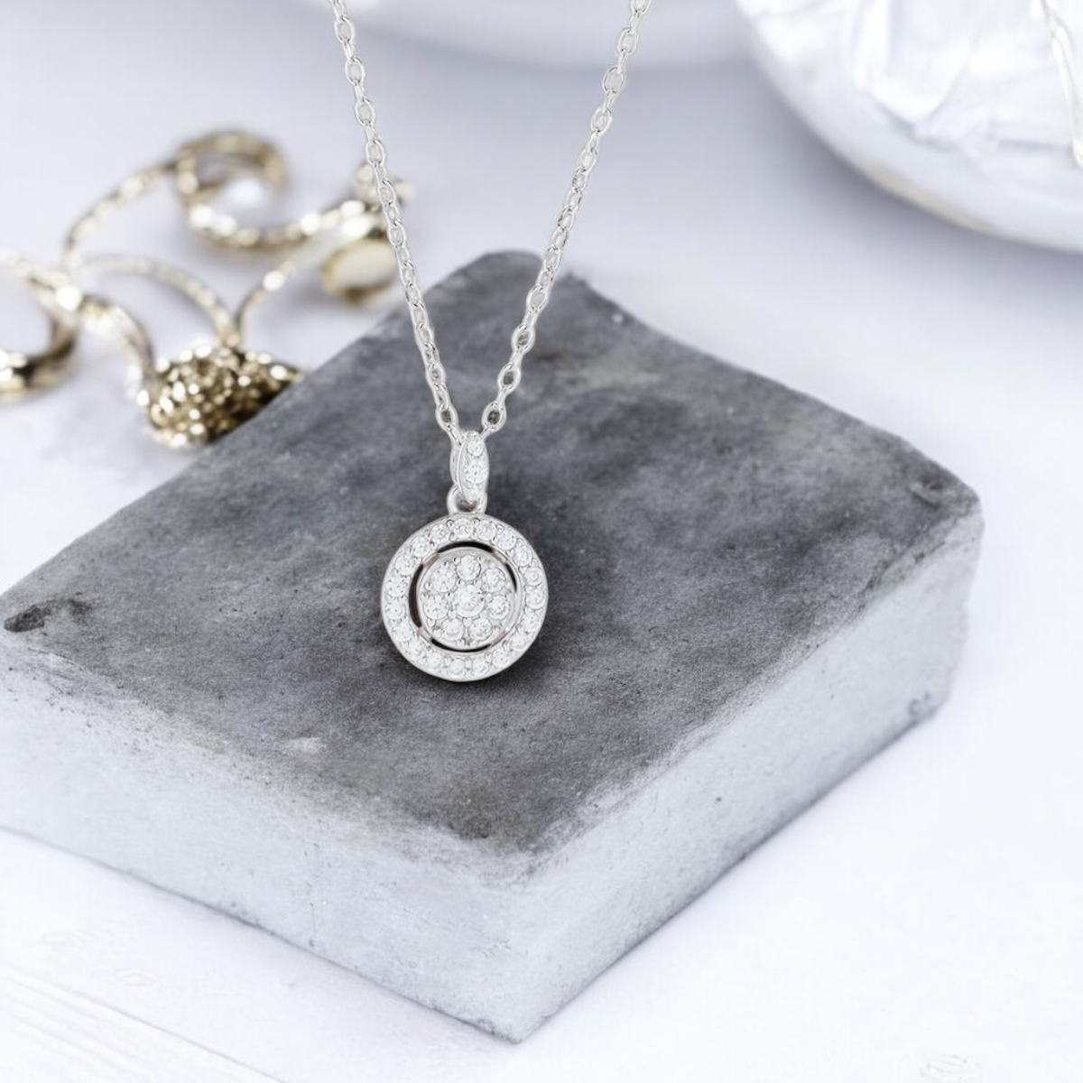 Sterling Silver Halo Sparkle C/Z Pendant Necklace S925 Hallmark