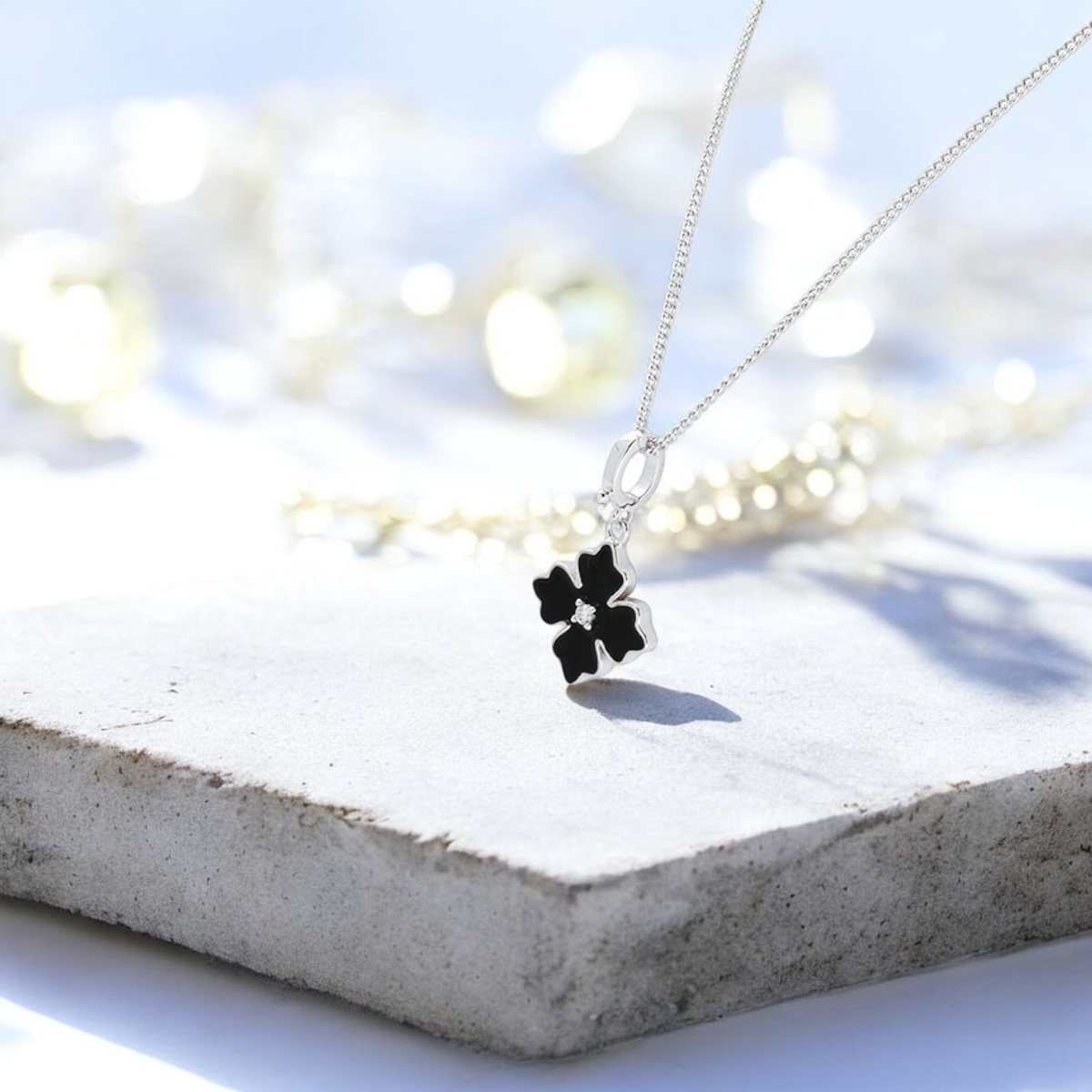 Sterling Silver Apotie Black Cléo Blossom Clover Pendant Necklace S925 Hallmark
