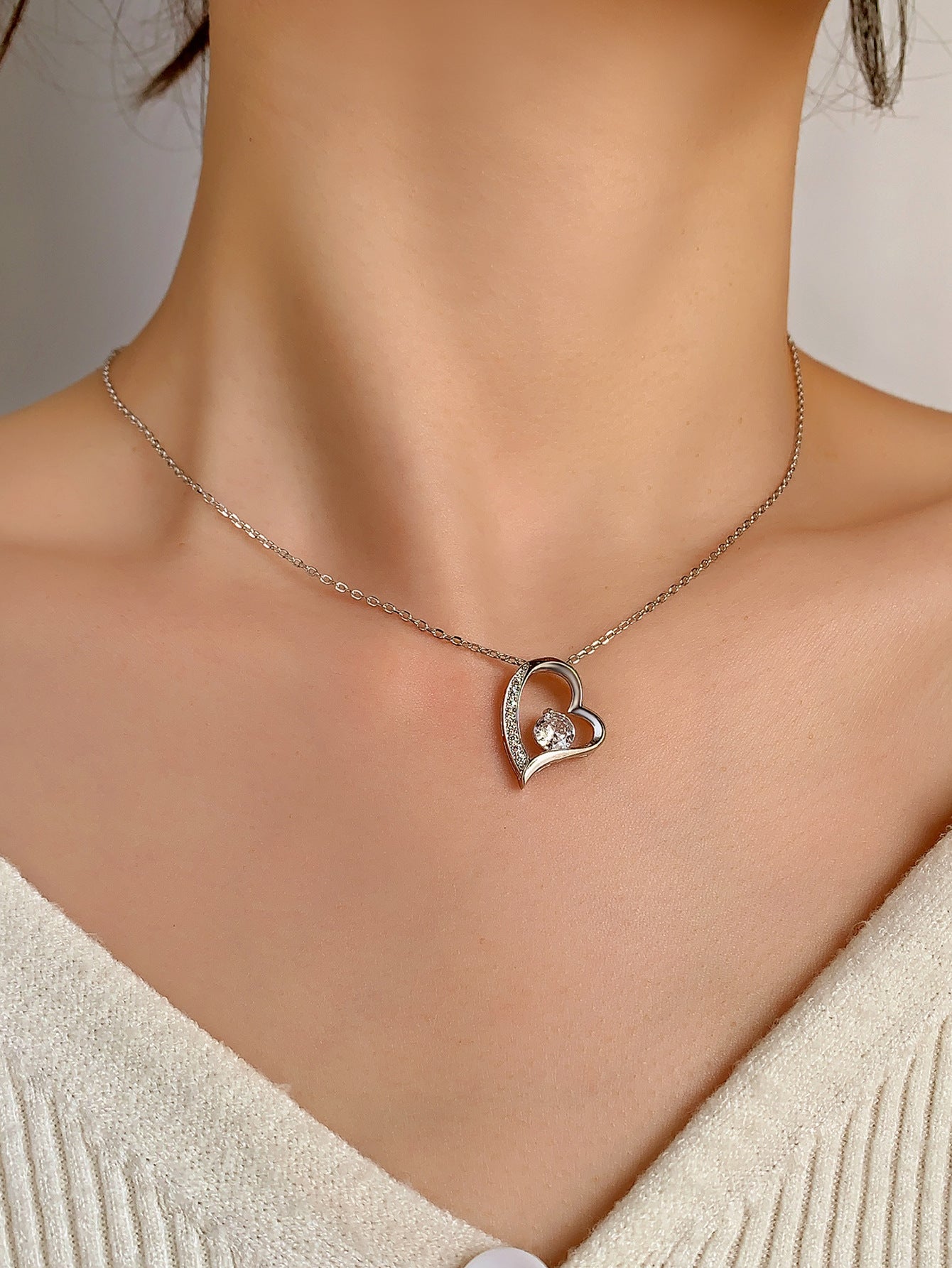 Sterling Silver Love Heart C/Z Pendant Necklace