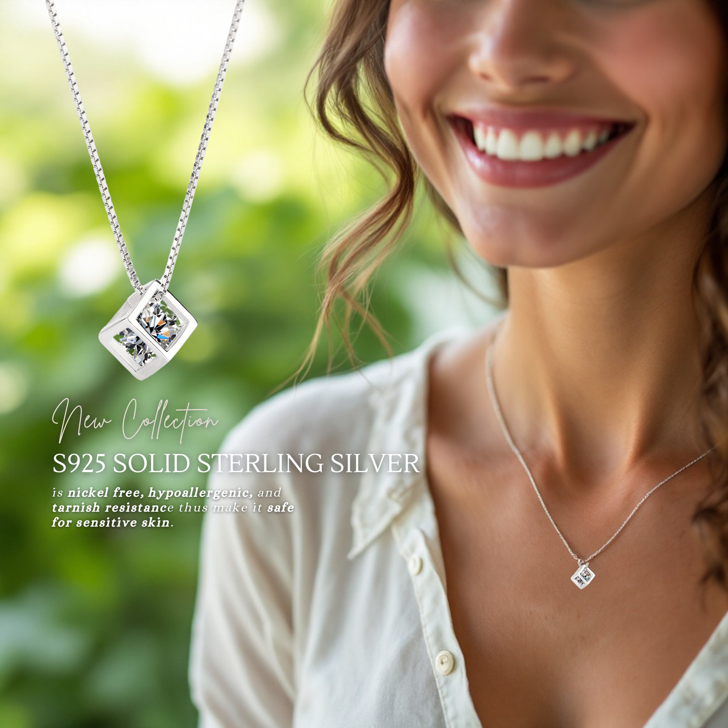 Sterling Silver Crystal Cube C/Z Pendant Necklace