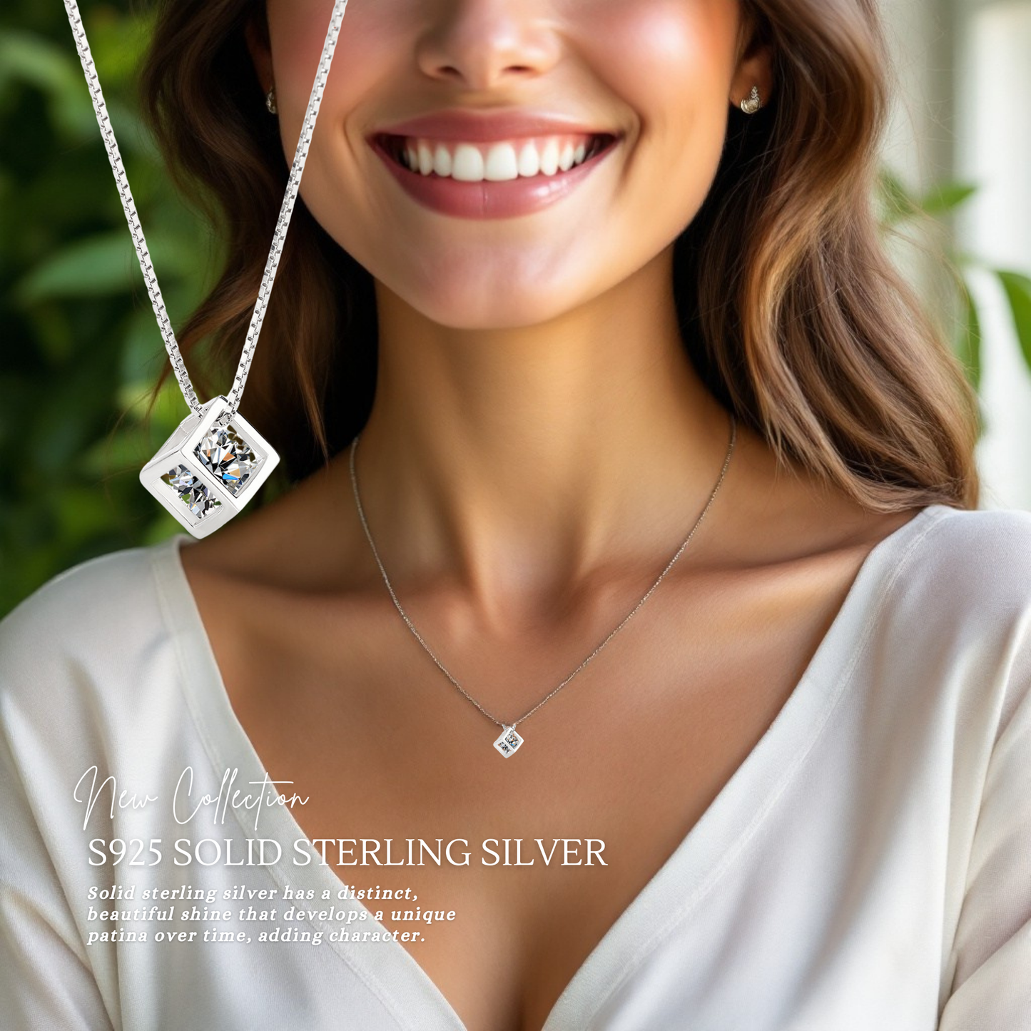 Sterling Silver Crystal Cube C/Z Pendant Necklace