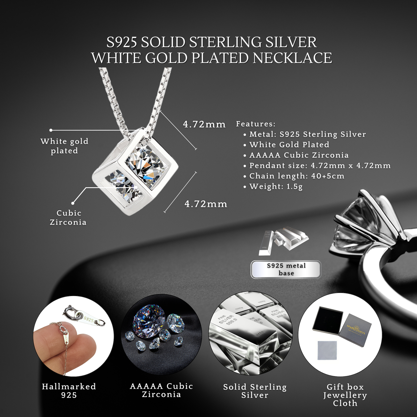 Sterling Silver Crystal Cube C/Z Pendant Necklace