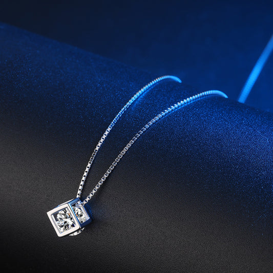 Sterling Silver Crystal Cube C/Z Pendant Necklace
