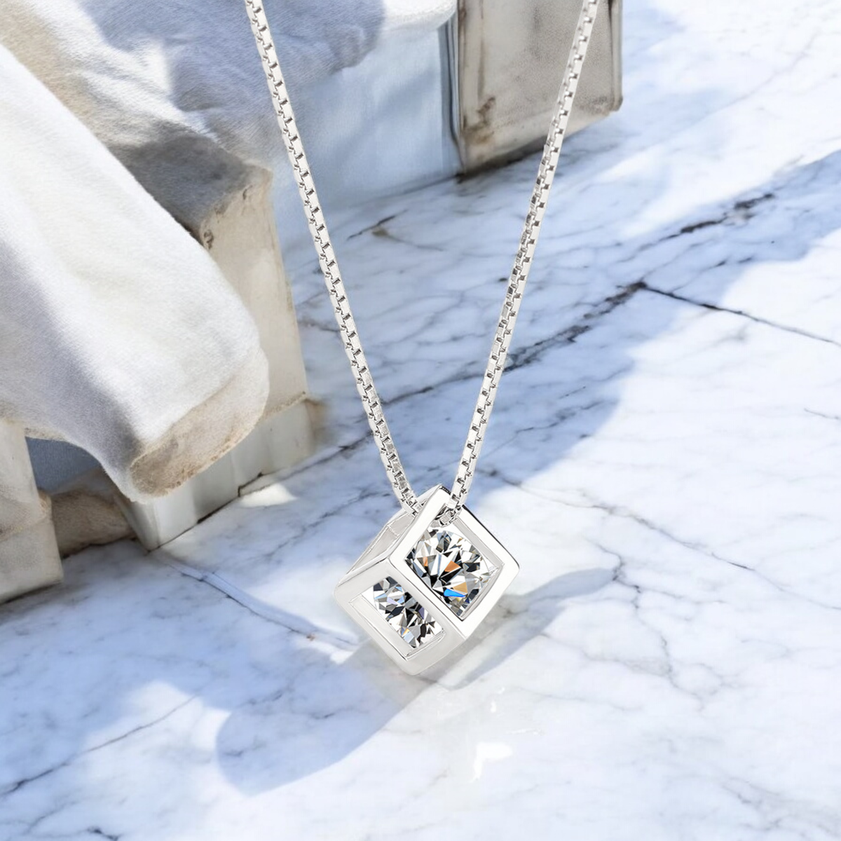 Sterling Silver Crystal Cube C/Z Pendant Necklace