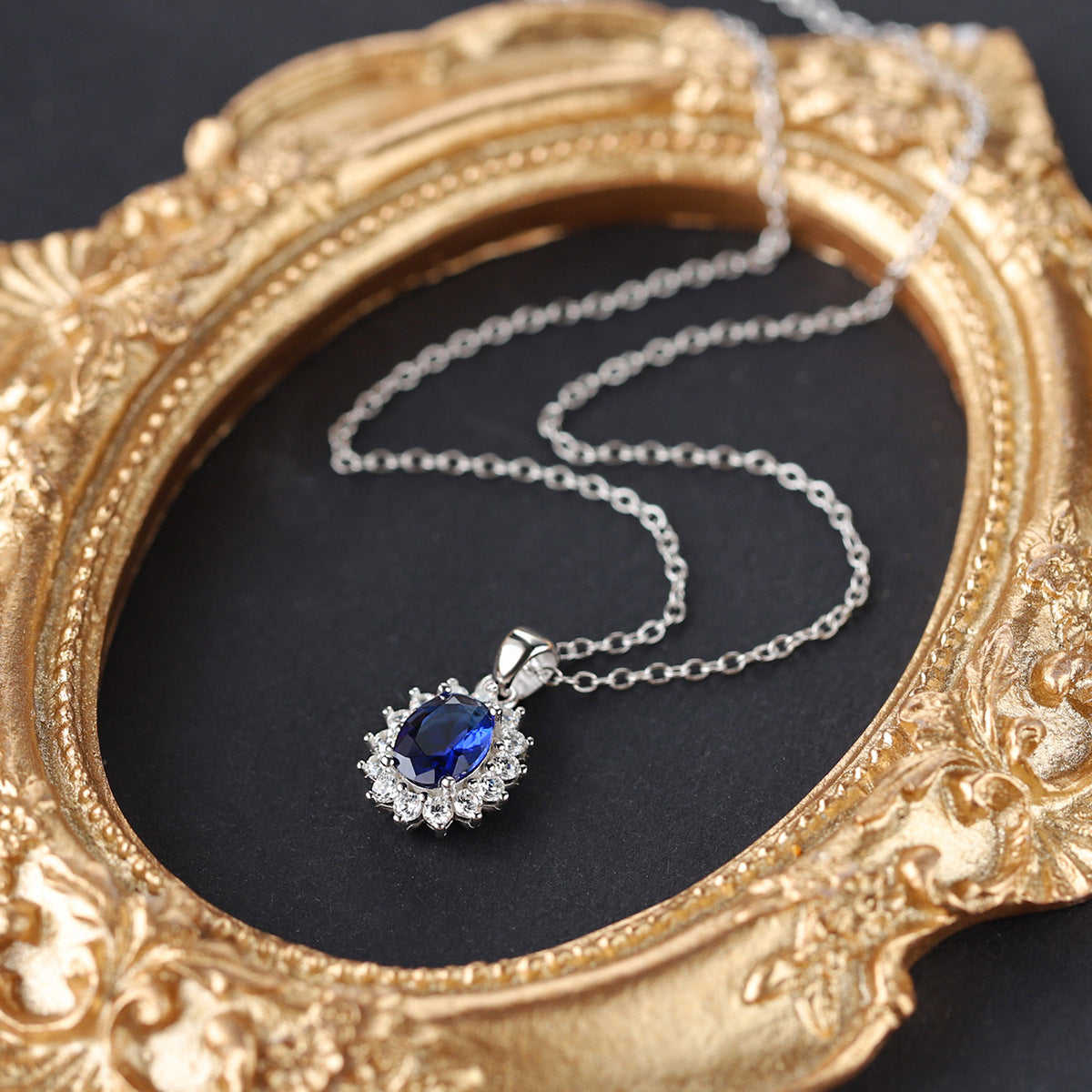 Sterling Silver Royal Blue Halo C/Z Pendant Necklace