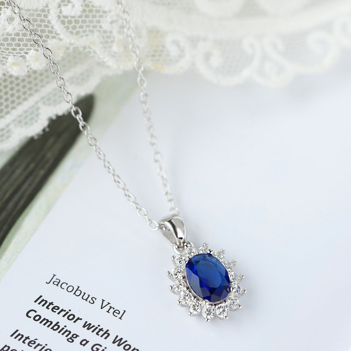 Sterling Silver Royal Blue Halo C/Z Pendant Necklace