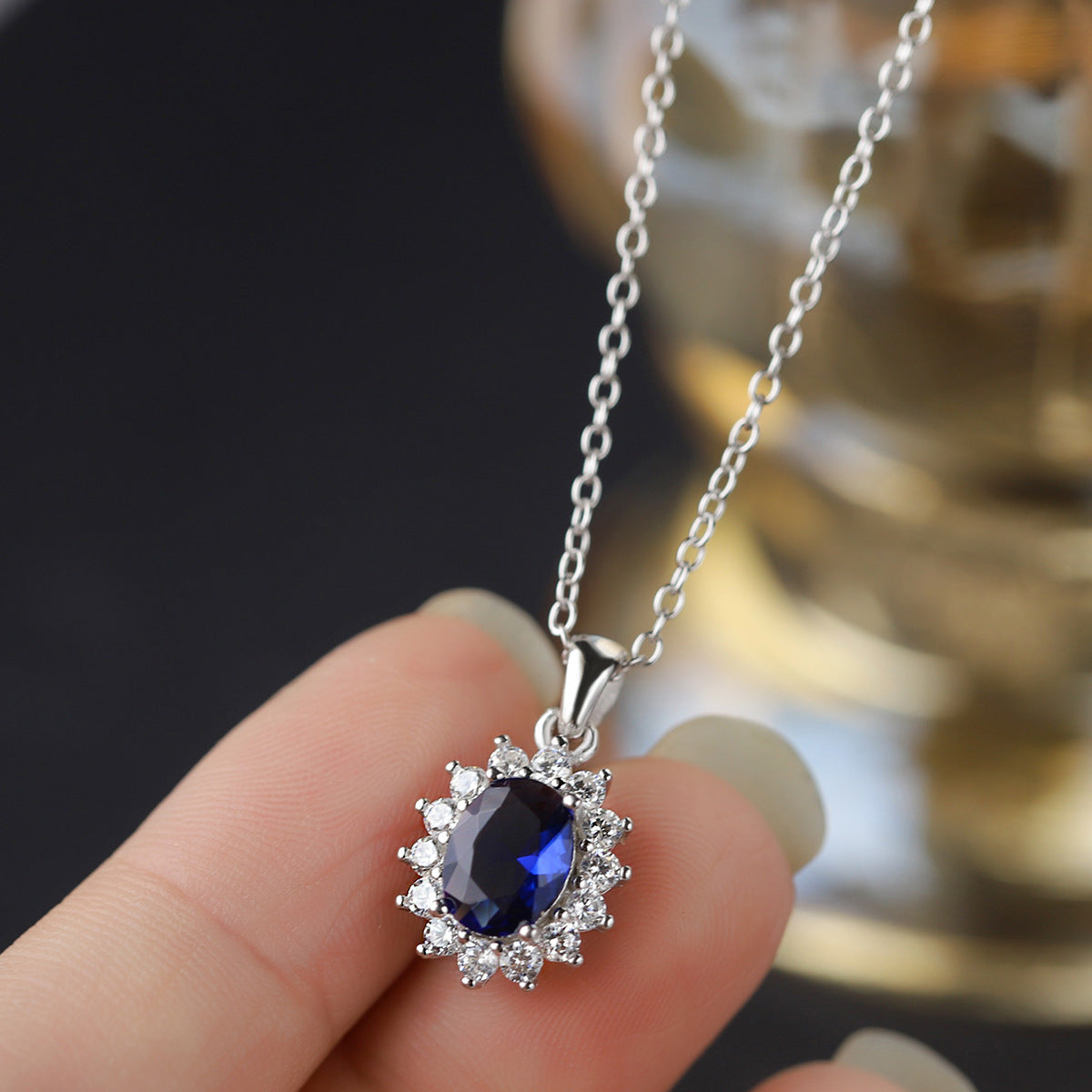 Sterling Silver Royal Blue Halo C/Z Pendant Necklace