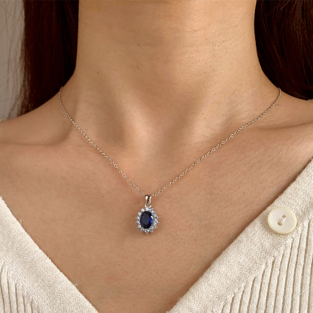 Sterling Silver Royal Blue Halo C/Z Pendant Necklace