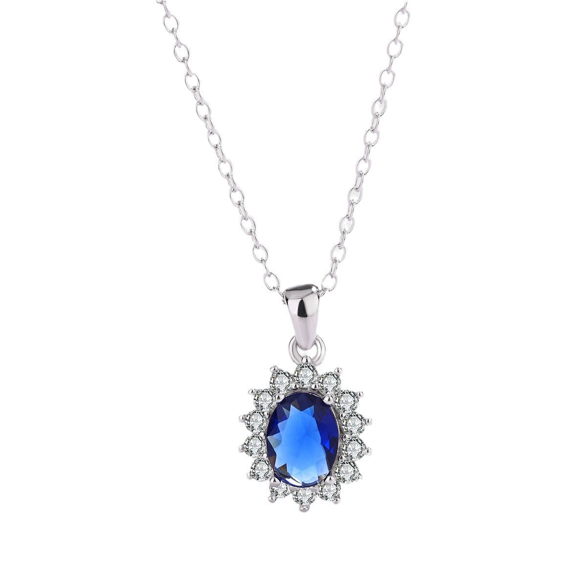 Sterling Silver Royal Blue Halo C/Z Pendant Necklace