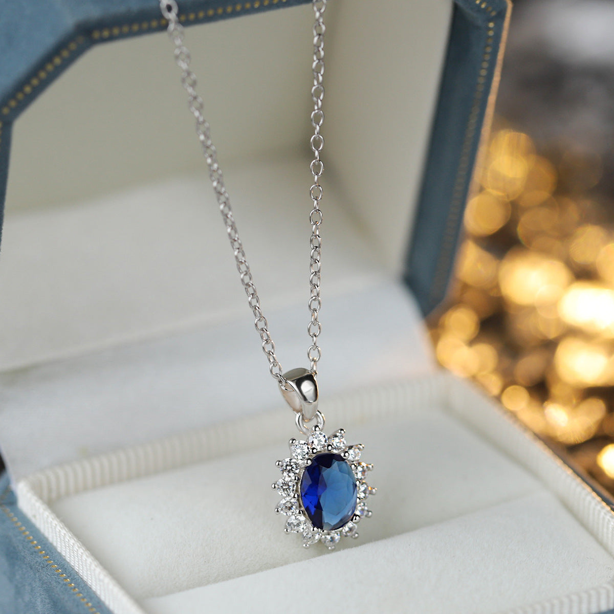 Sterling Silver Royal Blue Halo C/Z Pendant Necklace