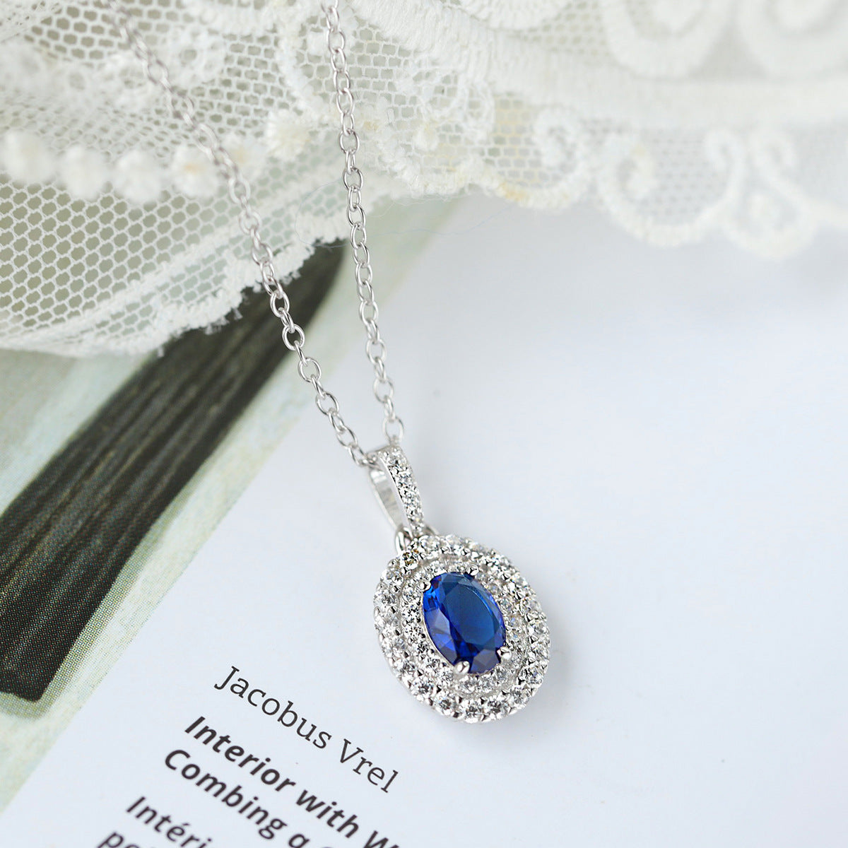 Sterling Silver Double Halo Blue C/Z Pendant Necklace