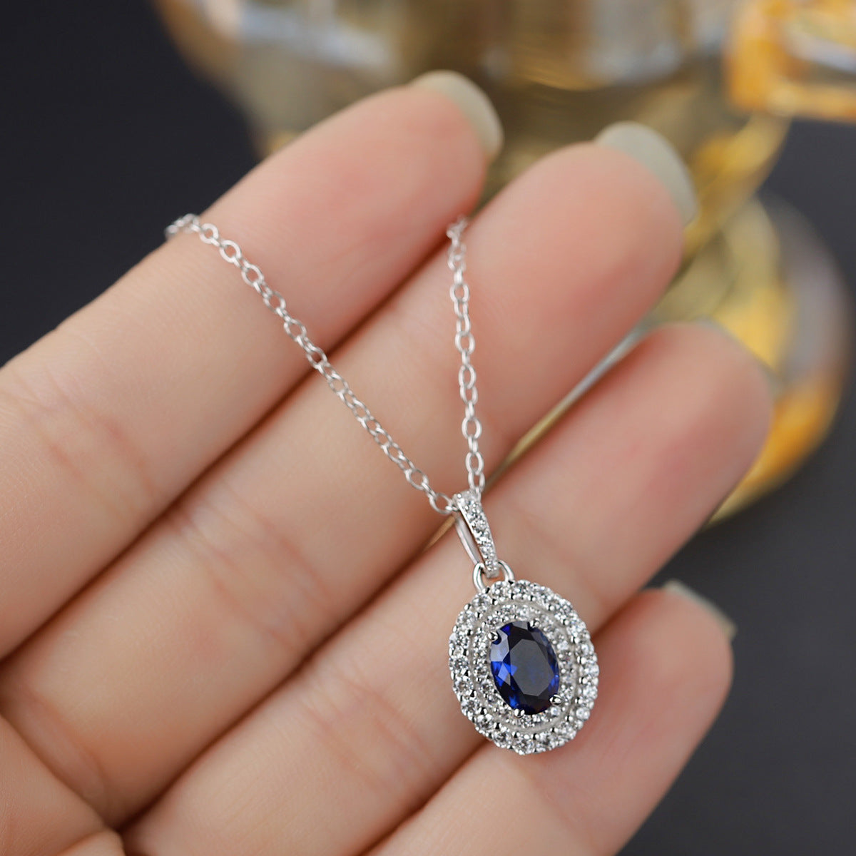 Sterling Silver Double Halo Blue C/Z Pendant Necklace