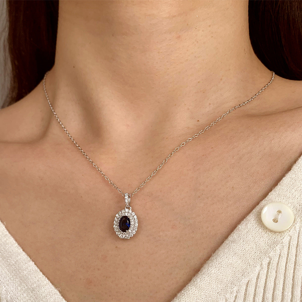 Sterling Silver Double Halo Blue C/Z Pendant Necklace