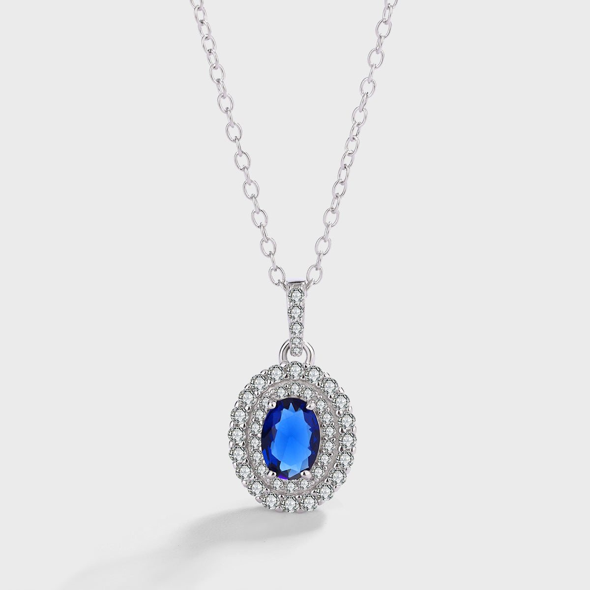 Sterling Silver Double Halo Blue C/Z Pendant Necklace
