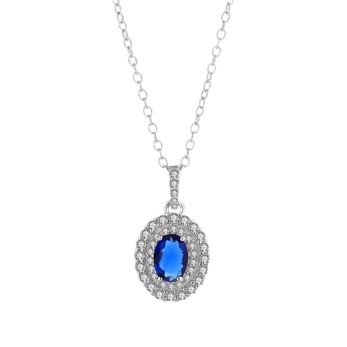Sterling Silver Double Halo Blue C/Z Pendant Necklace