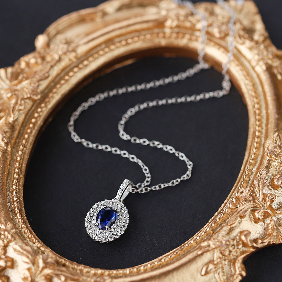 Sterling Silver Double Halo Blue C/Z Pendant Necklace