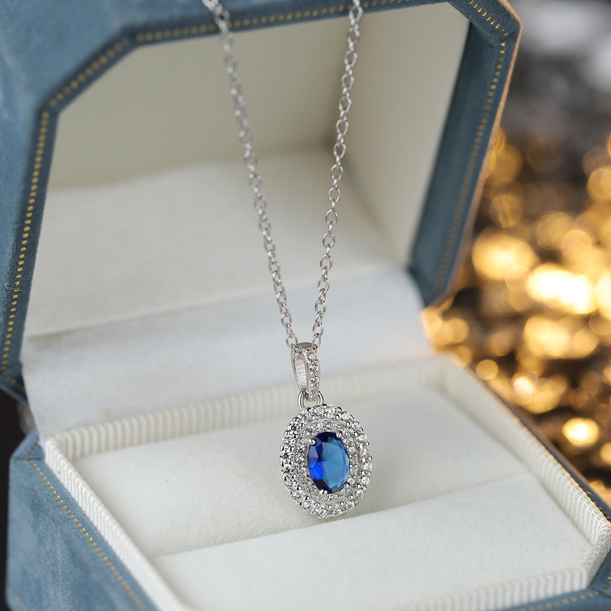 Sterling Silver Double Halo Blue C/Z Pendant Necklace
