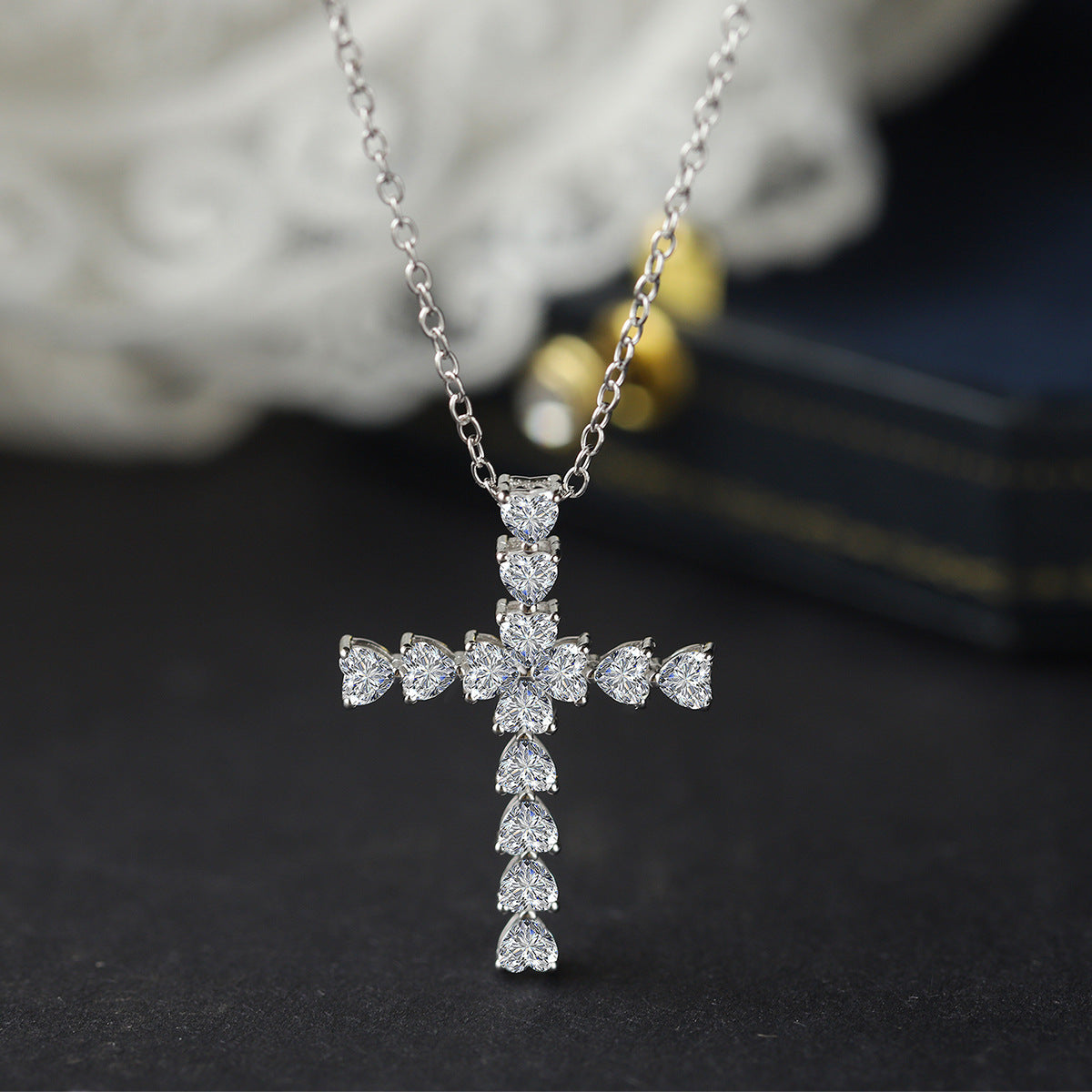 Sterling Silver Sacred Heart Cross C/Z Pendant Necklace