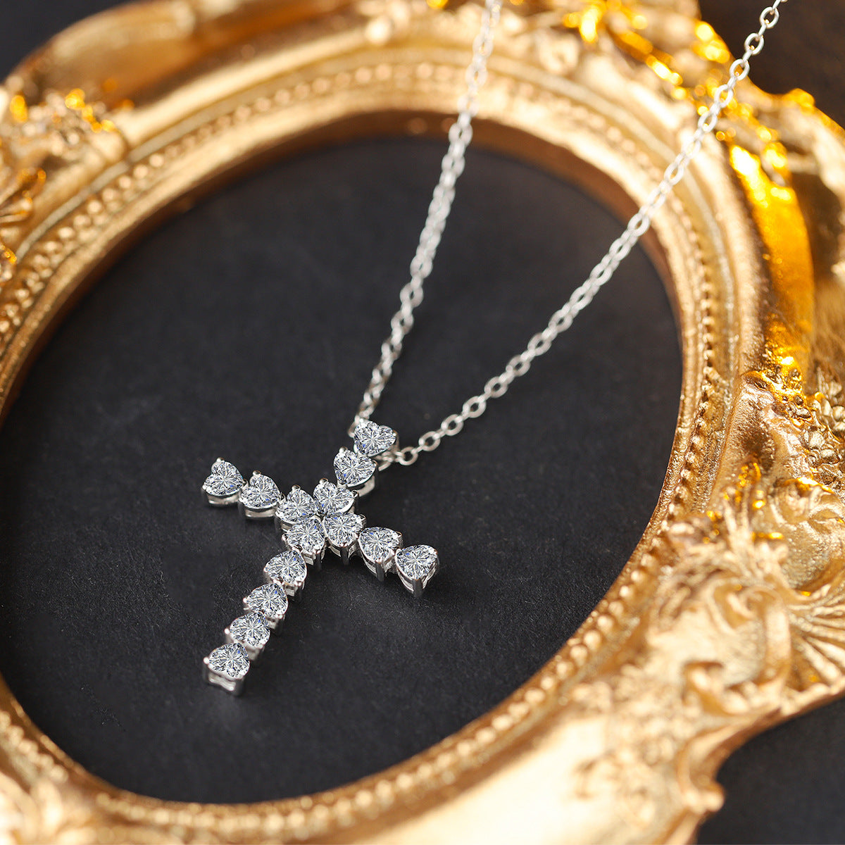 Sterling Silver Sacred Heart Cross C/Z Pendant Necklace