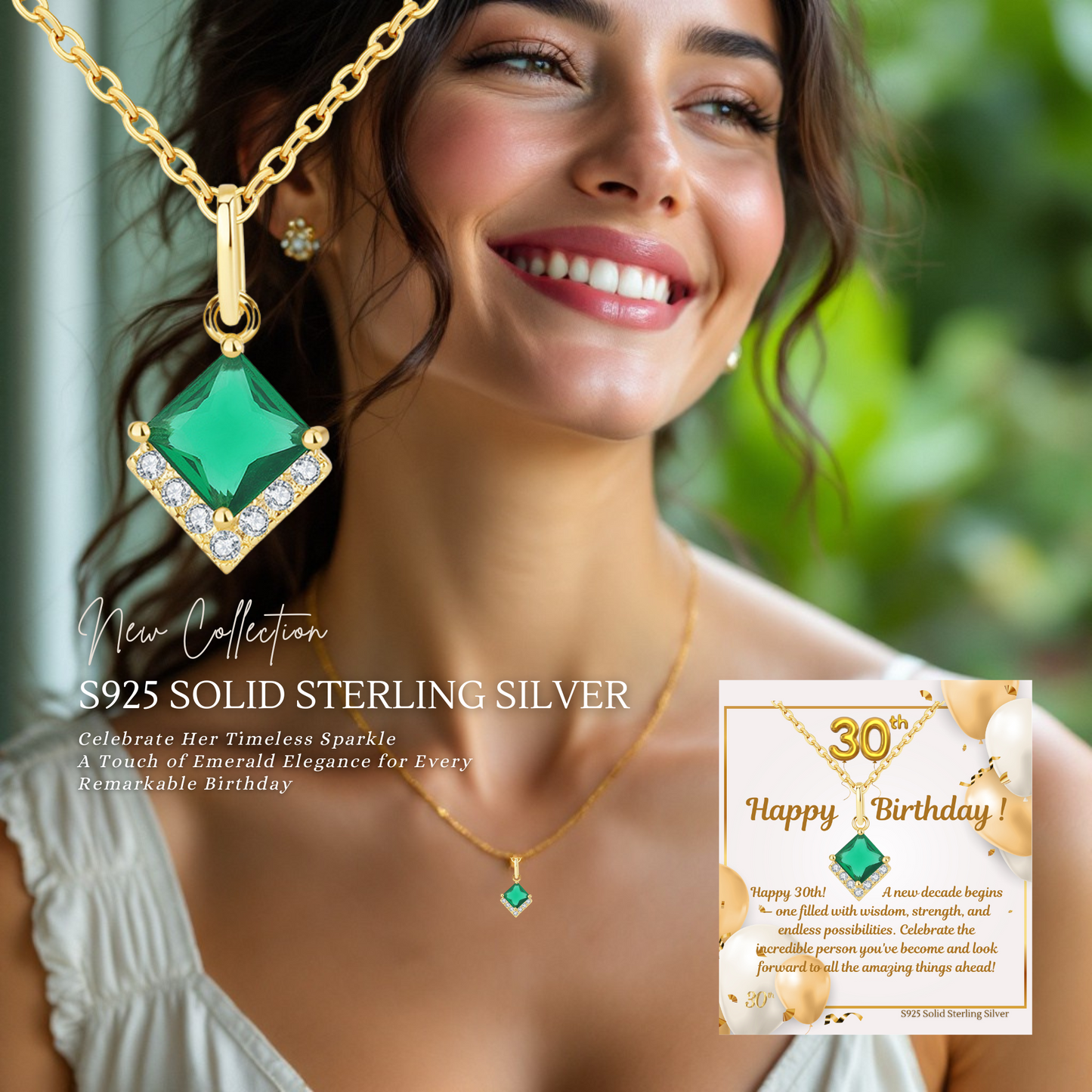Birthday Gifts for Her 30th 40th 50th 60th 70th 80th 90th 100th S925 Emerald Gold Plated Necklace Birthday Personalised Message
