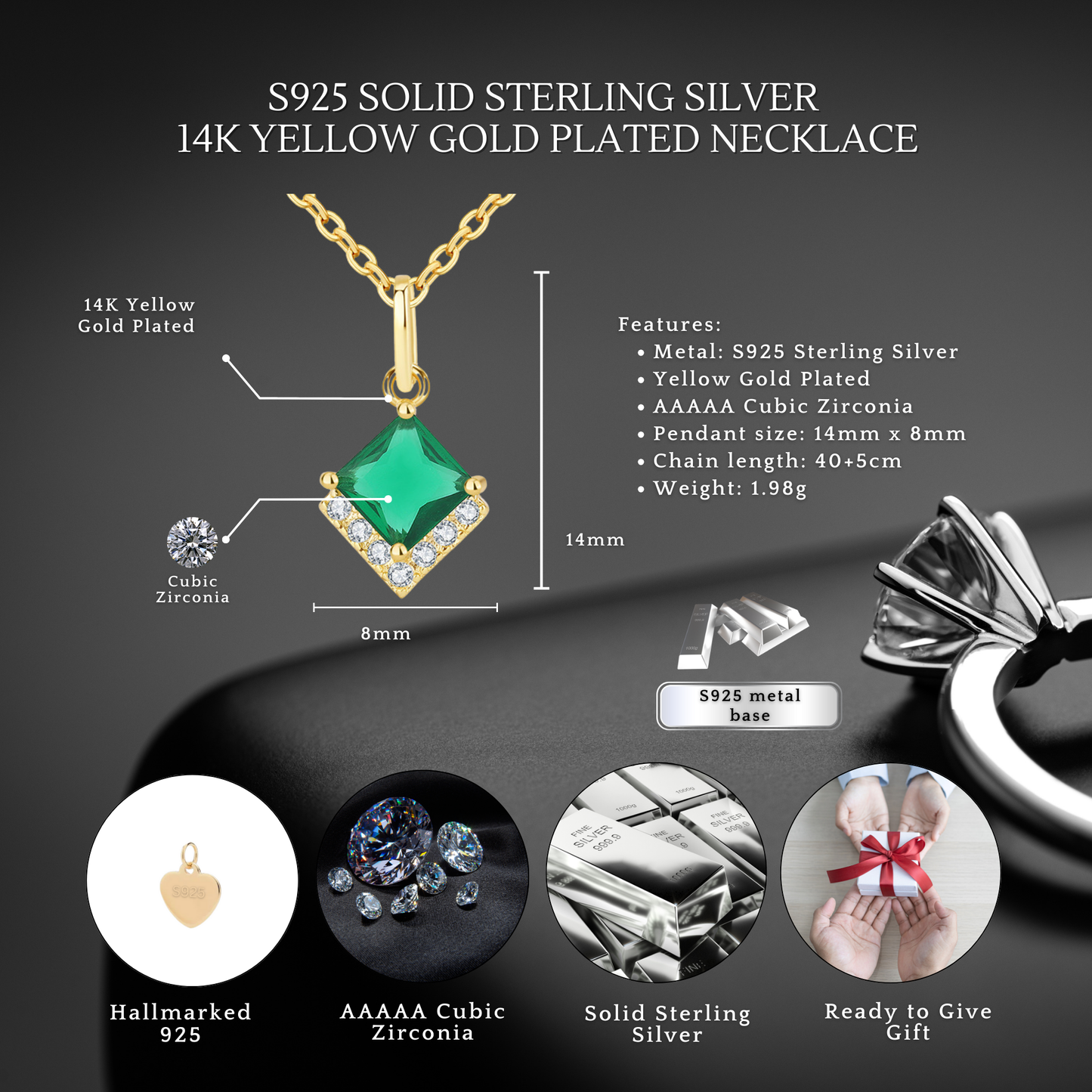 Birthday Gifts for Her 30th 40th 50th 60th 70th 80th 90th 100th S925 Emerald Gold Plated Necklace Birthday Personalised Message