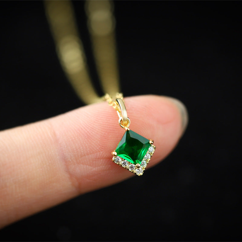 S925 Sterling Silver Emerald Green C/Z 14K Gold Plated Pendant Necklace