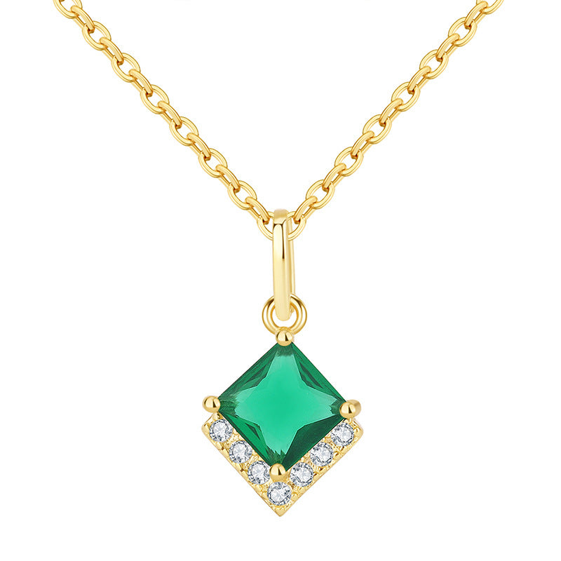S925 Sterling Silver Emerald Green C/Z 14K Gold Plated Pendant Necklace